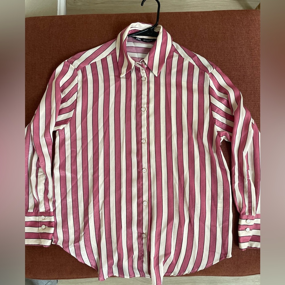 Zara Men’s Vertical Stripe Button-Up Shirt - Pink & White